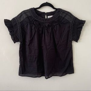 FLANNEL Black Embroidered Cotton Blouse Ruffle Sleeve
